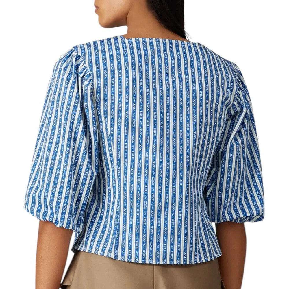 Tory Burch Cropped Gemini Link Striped Blue White Short Puff-Sleeve top 6